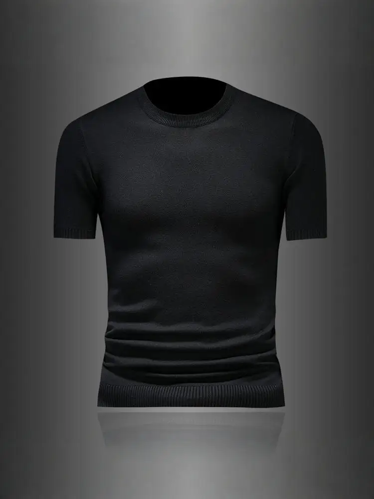 

Мужской свитер-футболка с коротким рукавом, повседневный, с круглым вырезом, трикотажный базовый слой, модный бренд, осенняя новинка, удобный, из полиэстера