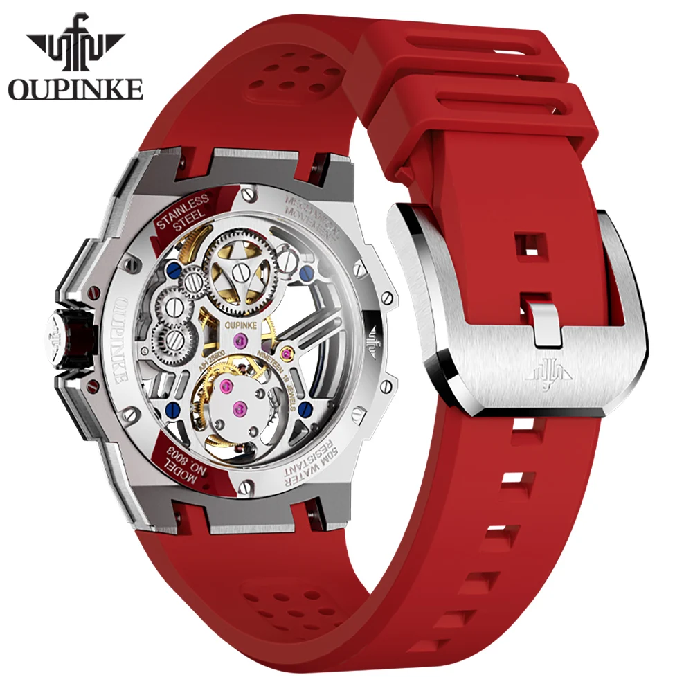 OUPINKE Tourbillon Automatic Mechanical Watches for Men Silicone Strap Luxury Hollow Out Transparent Dial High Quality Man Watch