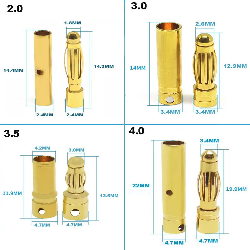 Connecteur de Bullet Gels Mâle et Femelle pour Batterie RC, Prise Plaquée Or, Haute Qualité, 2mm, 3mm, 3.5mm, 4mm, 5mm, 5.5mm, 6mm