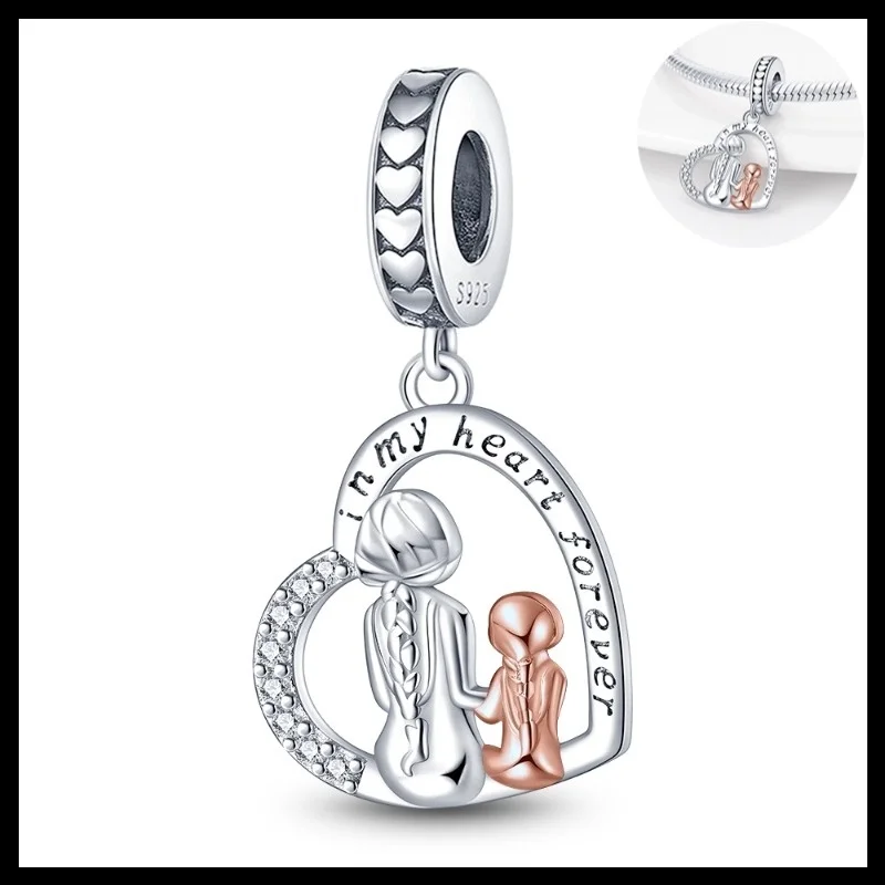 

Original 925 sterling silver Loving Mother and Daughter Charms Pendant Fit DIY bracelet necklace Gift for Her，Colgante Plata