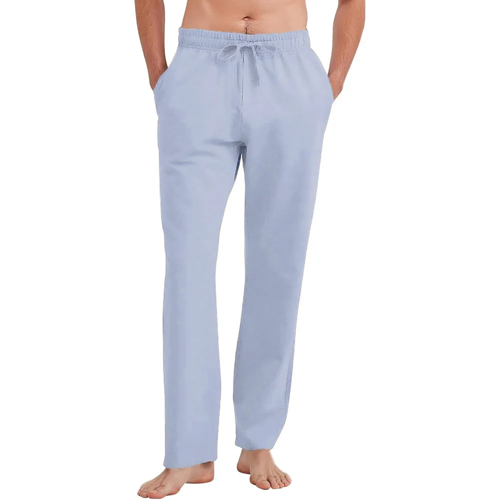 Men's Cotton Linen Straight Leg Pants Lightweight Breathable Casual Solid Color Simple Style Long Pants Elastic Waist Trousers
