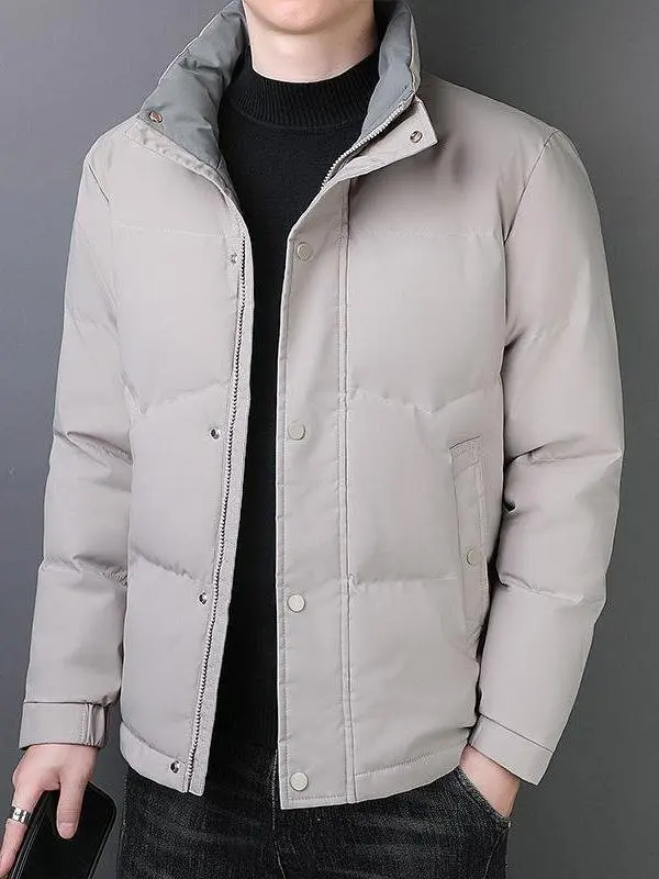 

Утепленная хлопковая куртка для мужчин: зимнее повседневное деловое пальто с воротником-стойкой, теплым утеплением, прямым кроем, длинными рукавами и двойной застежкой на пуговицах