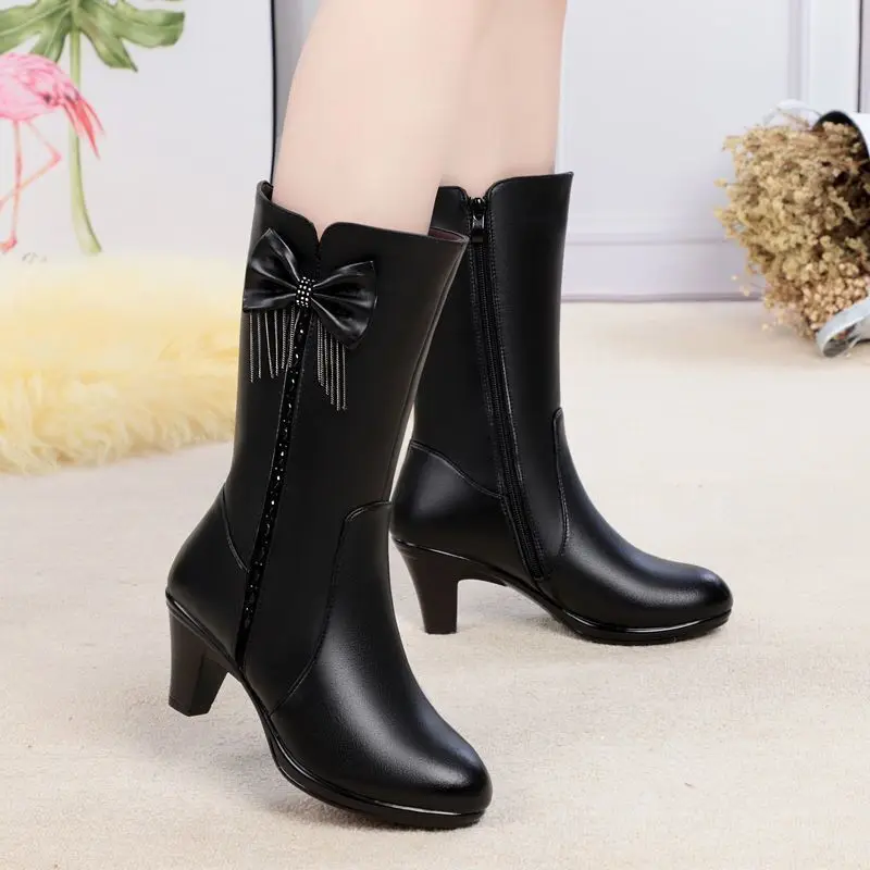 Zipper Middle Heel Bow Ladies Mid Calf Shoes 2025 New Gothic Cosplay Waterproof Pu Y2k Rock Women's Half High Boots on Promotion