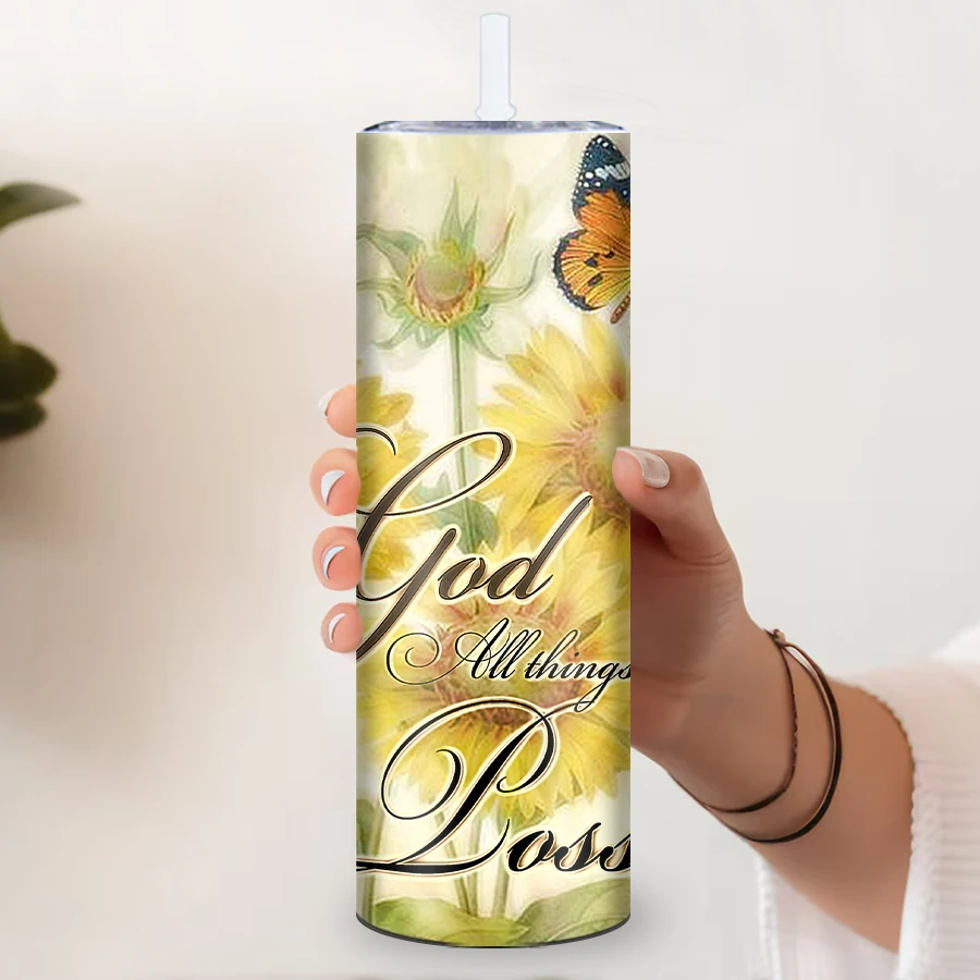 20oz 3D Print Sunflower Tumbler Straws Lids 1Pc Large Capacity Stainless Hot Cold Insulated Tumblers Festive Party Drinkware