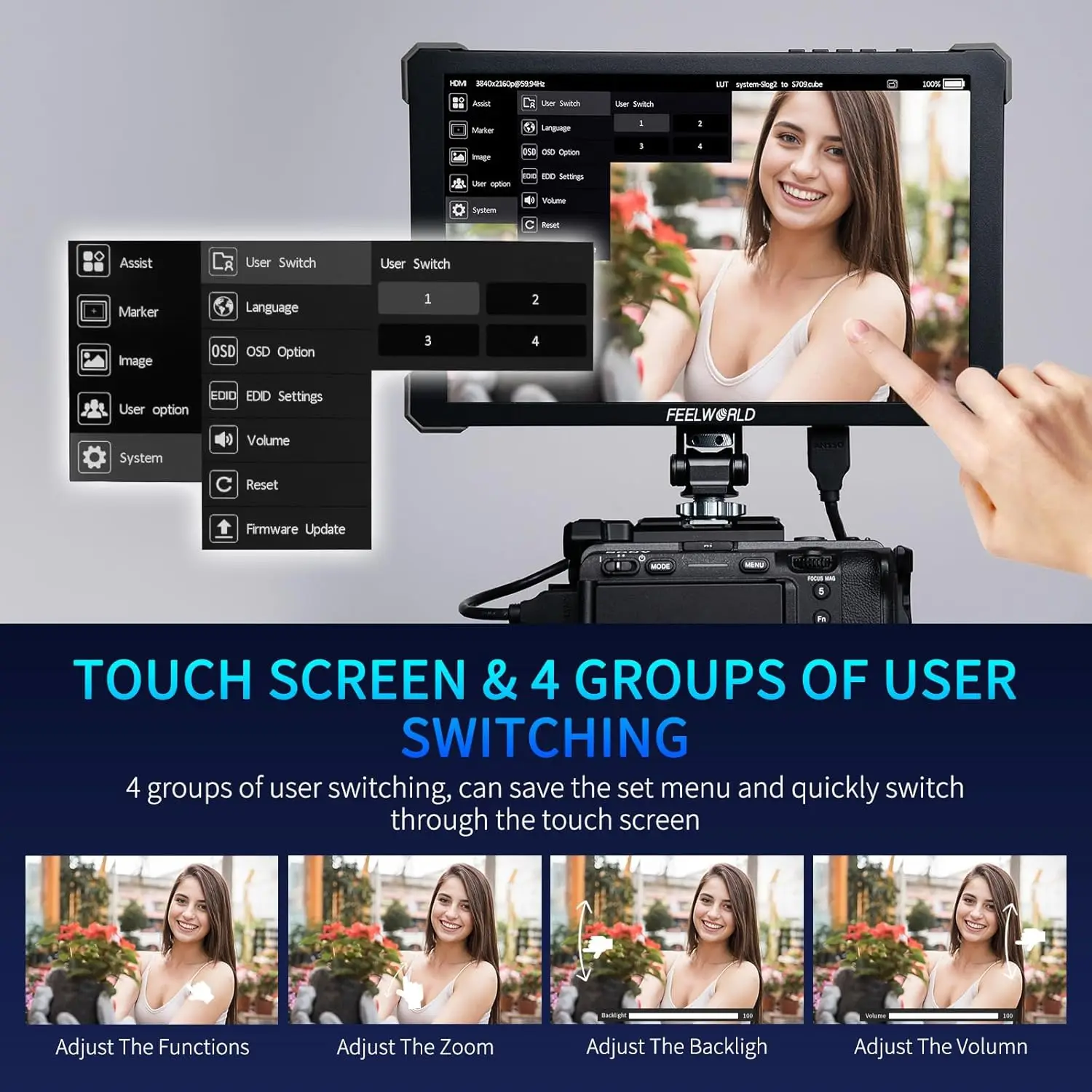 FEELWORLD T10 On-Camera DSLR Monitor FHD 500nit 4K HDMI Input Output HDR 3D LUT Waveform FOR Videographer Creator view 6