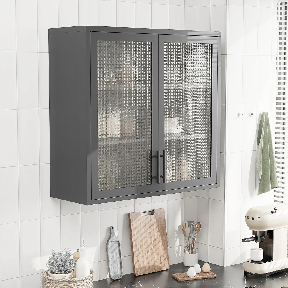 Retro Style Wall Mounted Cabinet Table-Top Storage Cabinet with Hazy Glass Doors and 2 Adjustable Shelves Waffle-Grids Glass