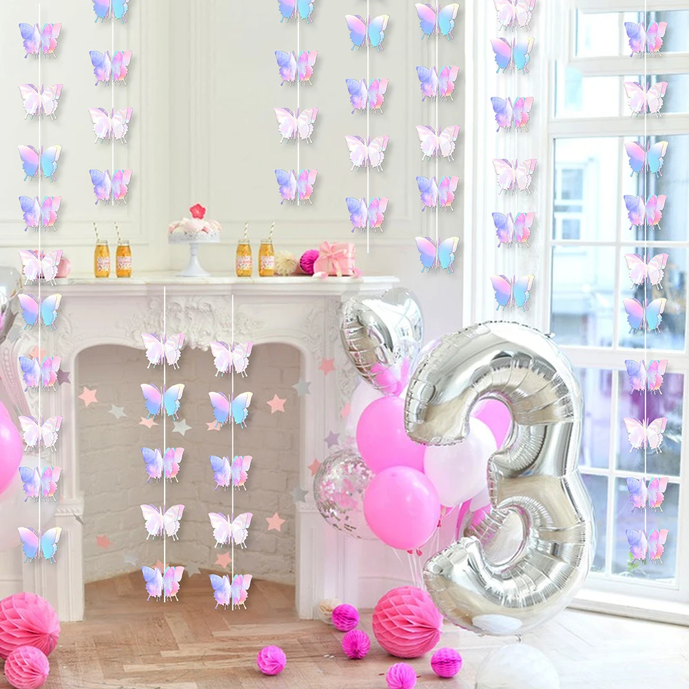 3M 3D Butterfly Paper Banner Garland Iridescent Hanging Flag Curtains For Wedding Birthday Party Backdrop Decoration Baby Shower