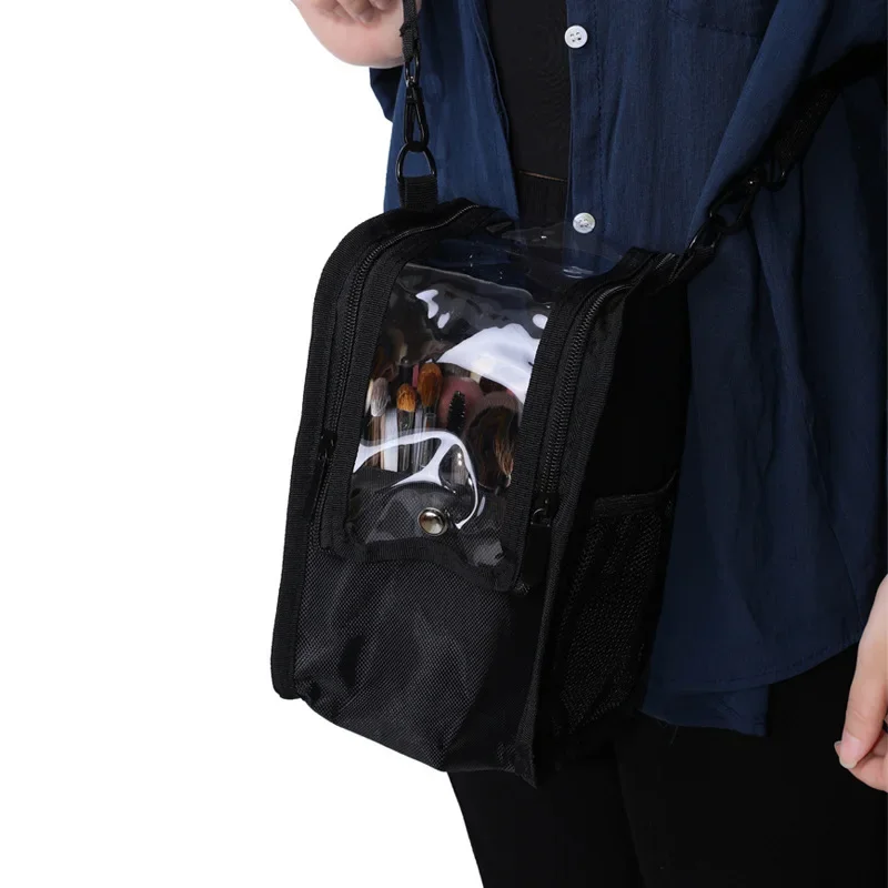 Trousse à cosmétiques multifonctionnelle en PU noir de grande capacité avec ceinture, trousse à pinceaux de maquillage, trousse de taille pour