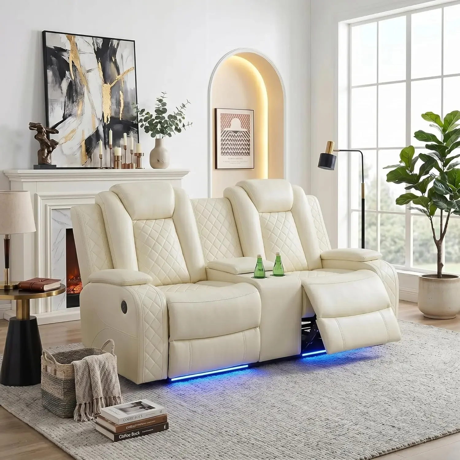Power Recliner Loveseat Sofa with LED Lights, Leather Power Reclining Couch, Living Room 2 Seater Couch with Handy, Customized