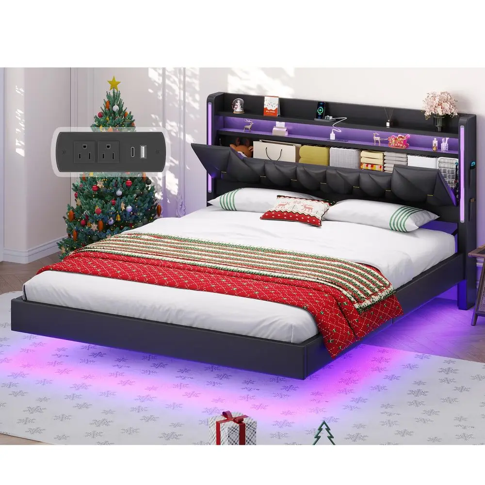 

King Size Floating Bed Frame with Storage Headboard, Tall 44 holstered Platform Bed with Charging Station, DualZone LED Light