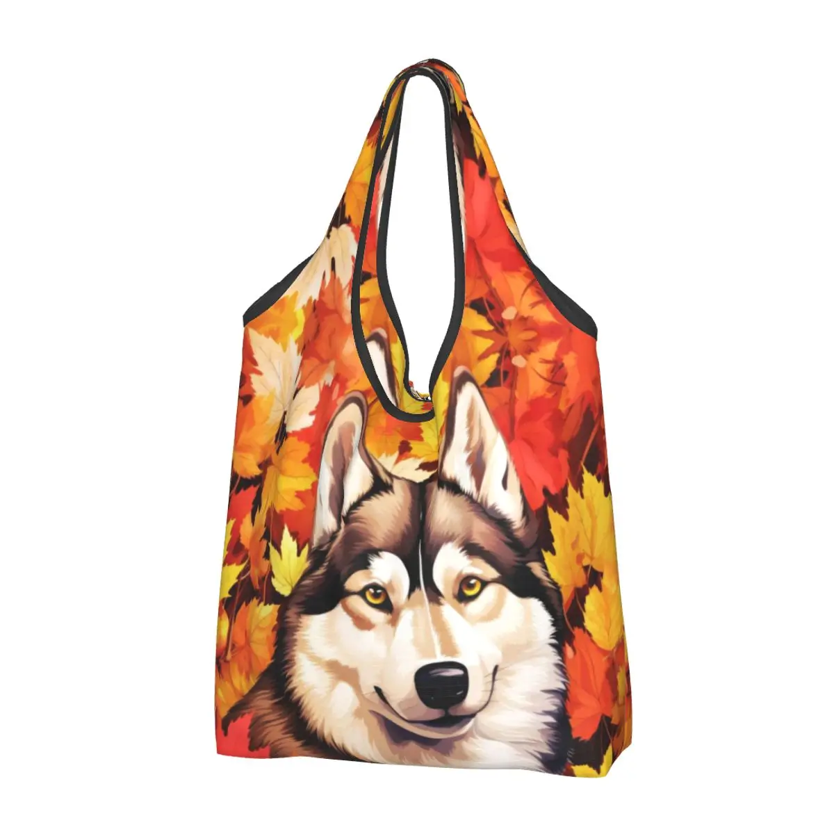 Autumn Fall Siberian Husky Dog Portable Tote Shopping Bags Reusable Shopper Bag Grocery Handbag Shoulder Bag