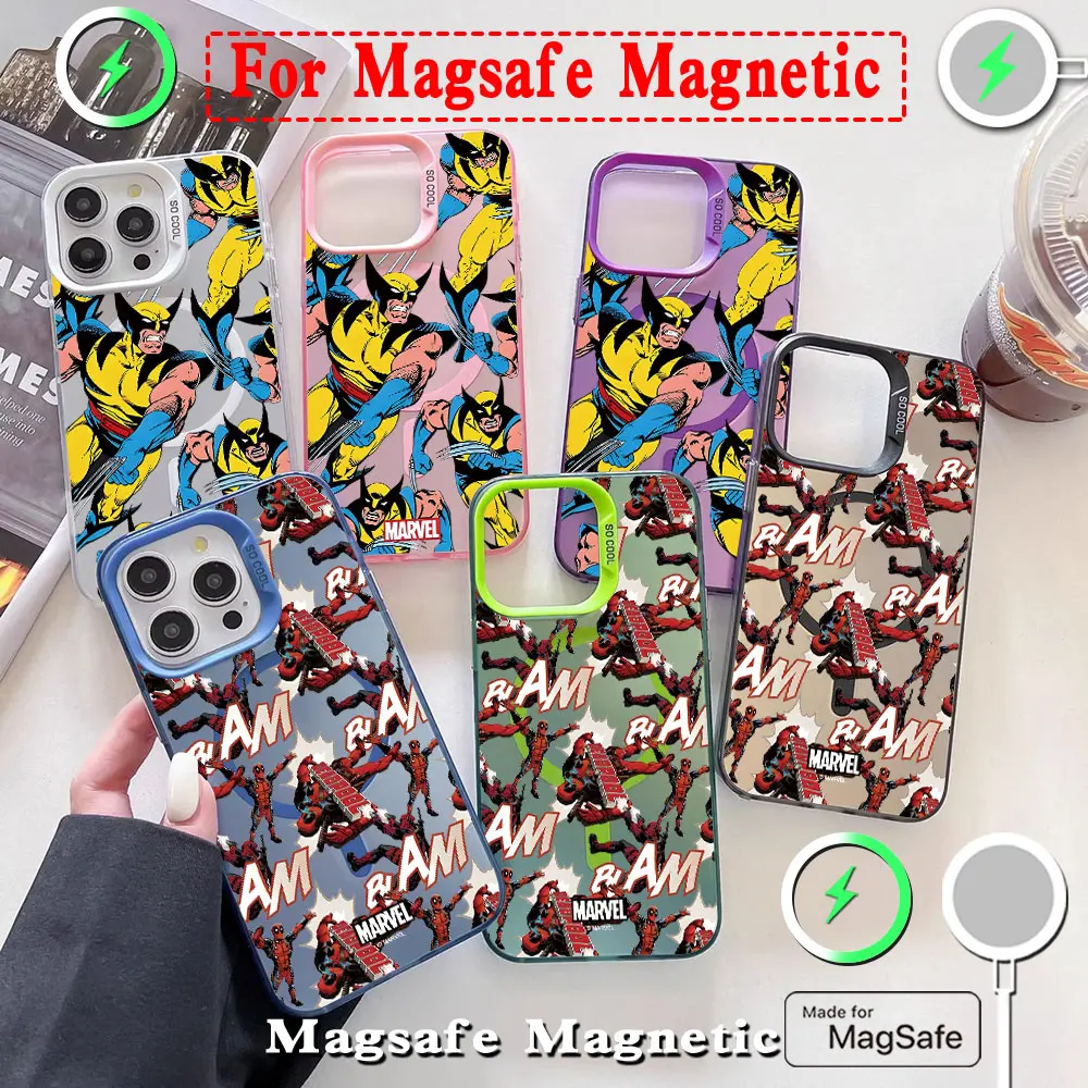 Anime Marvel Deadpool Wolverine Magsafe Magnetic Case for iPhone 11 12 13 14 15 16 Pro Max Plus Silver Plated Anti Fall Cover