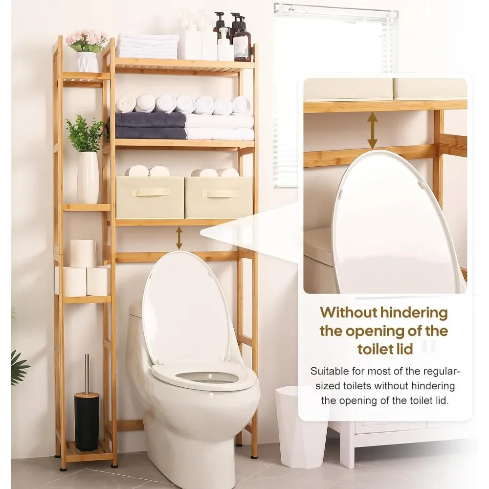 Over The Toilet Storage with Basket and Drawer, Bamboo Bathroom Organizer with Adjustable Shelf & Waterproof Feet Pad