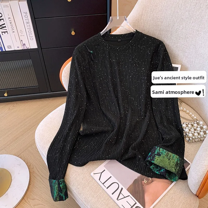 

New Chinese Sle Long Sve T-irt Women's Spring Autumn New High-End Feeling round Ne Inner Wear Top Faionable