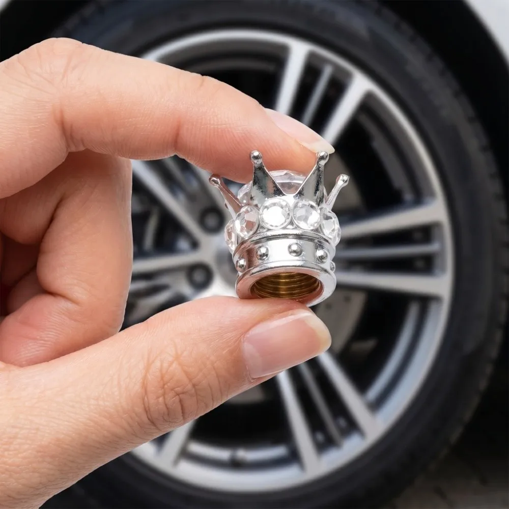 4PCS Crown Diamond Tire Valve Stem Caps Handmade Crystal Rhinestone Chrome Crown Vehicle Car Tire Caps Covers Copper Core