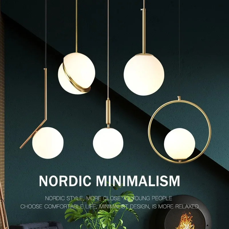 

Nordic Round Pendant Light Led E27 Bedroom Bedside Small Chandelier Postmodern Single Head Glass Restaurant Hanging Lights Decor