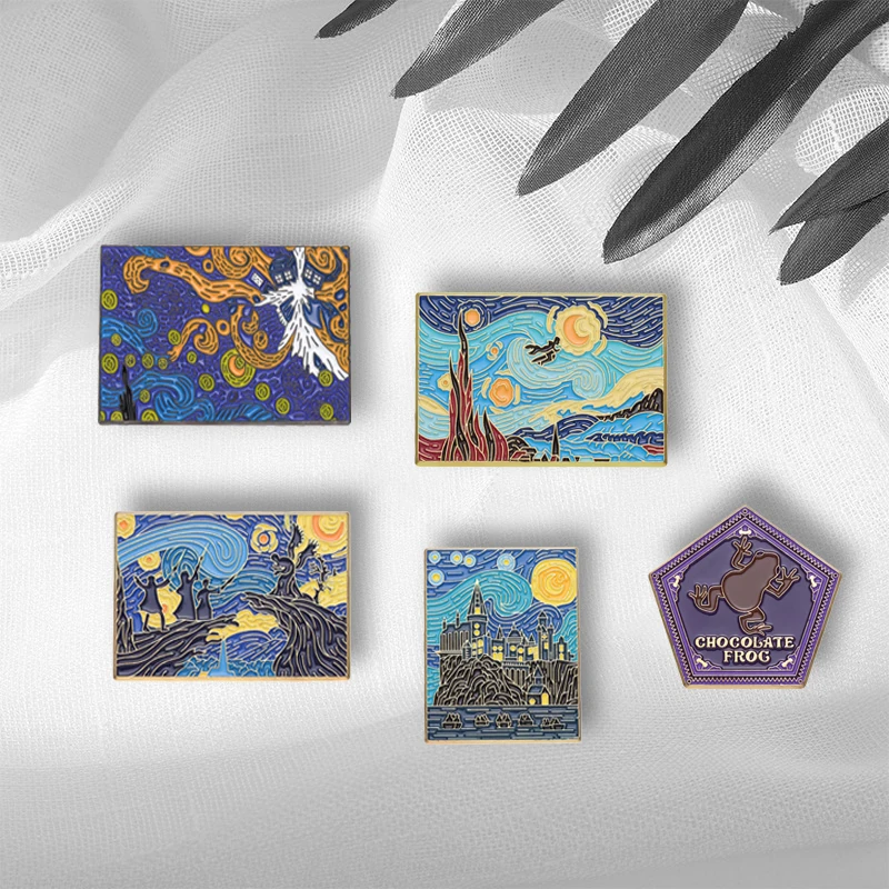 Starry Night Magic School Enamel Pins Custom Witch Wizard Castle Brooches Lapel Badges Punk Jewelry Gift for Fans Friends