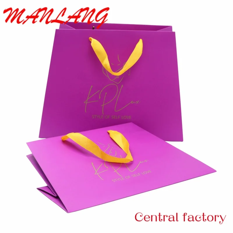 Custom  Custom luxury Medium Large purple shopping paper bag with your own logo printing for hair clothing gift packaging