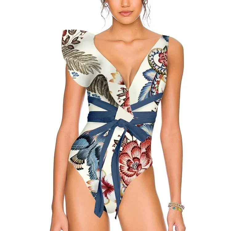 One Piece Swimsuit For Women European And American Swimwear Deep V Ruffle Edge Toucan Print One-piece Swimsuit And Wrap Skirt Se