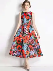 Fashion Summer Jacquard Floral Dress Women's Sleeveless Tank High Waist Flower Print Long Calf Length Beach Party Vestidos
