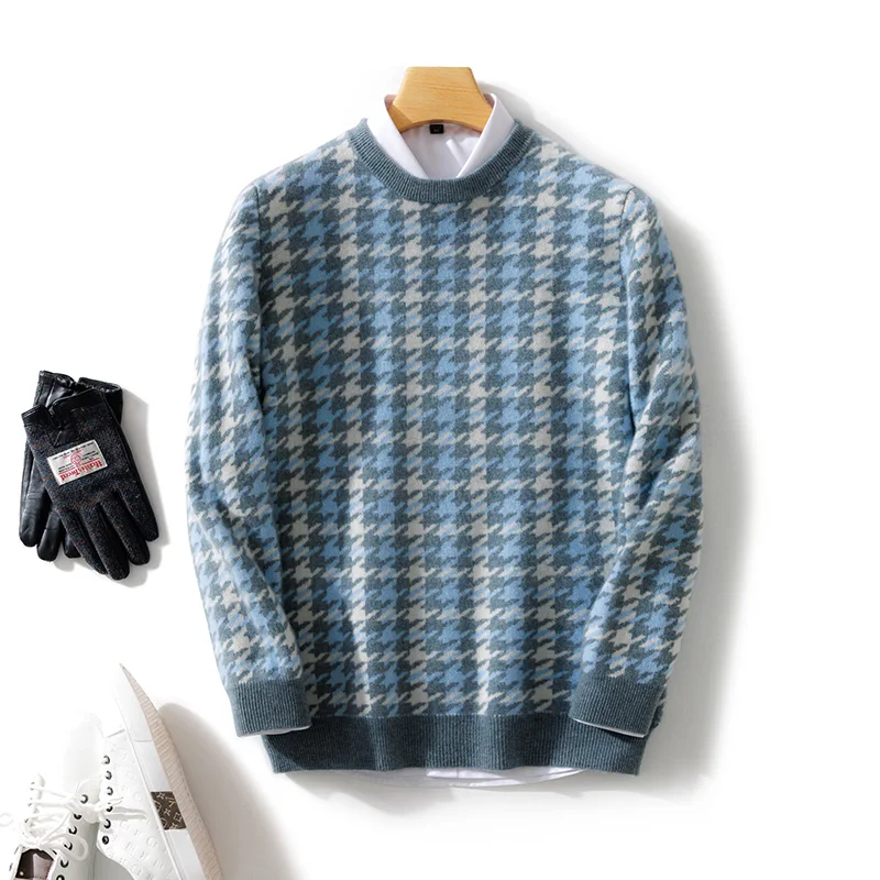 

100% pure wool autumn and winter new bottoming shirt men's sweater O-neck plaid jacquard loose color matching cashmere sweater