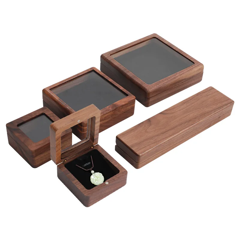 Walnut Solid Wood Jewelry Box Window Lid Gift Storage Case for Jade Bangle Pendant Necklace Buddhist Beads Gift Packing Box