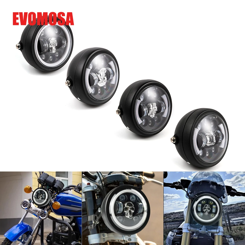 Motorcycle 5.75 Round LED Headlight Front Skull Headlight Projection Lamp DRL High/Low Lamp Turn Signal 12V for Harley Headllamp