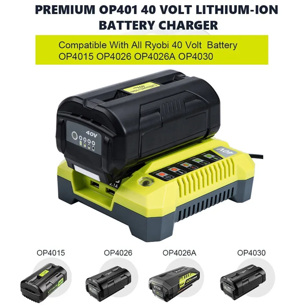 for Ryobi 40V Lithium-Ion Battery OP401 Charger with Dual USB OP4015 OP4026 OP4026A OP4030 OP4040 OP4050 OP4050A OP4060 OP40261