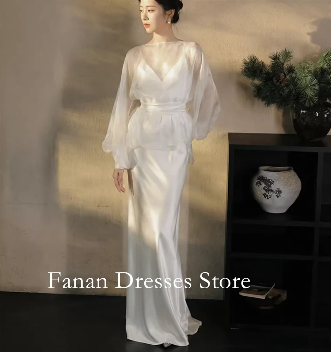 FANAN Boat Neck Two Pieces Long Sleeves Silk Satin Simple Elegant Wedding Dresses 웨딩드레스 Ivory Customized Pretty  Bride Dres