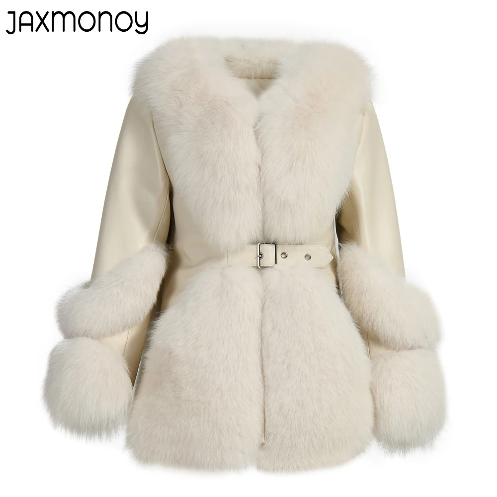 Jaxmonoy Damski zimowy płaszcz z prawdziwego futra lisa Damski solidny pasek Szczupła kurtka z prawdziwej skóry Jesienna ciepła elegancka odzież wierzchnia z naturalnego futra