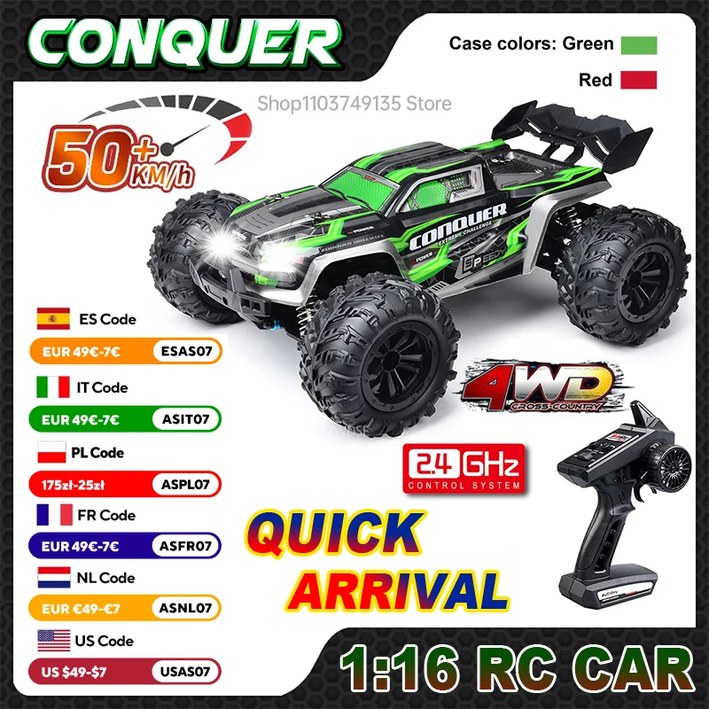 WLtoys 16102 1:16 Voiture RC 4x4 haute vitesse 50KM/H avec éclairage LED, télécommandée, type Bigfoot, Monster Truck de drift pour enfants