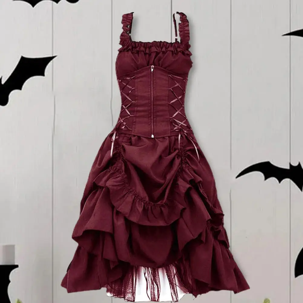 

Irregular Hem Dress Gothic Witch Cosplay Dress with Ruffle Hem Lace-up Straps for Halloween Party Women's A-line Performance