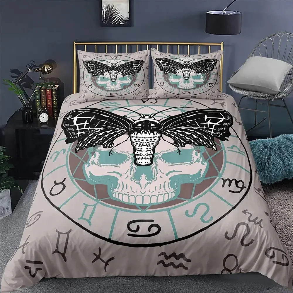 Gothic Skull Death Moth Flowers Comfortable Duvet Quilt Cover Pillowcase Bedding Set Children Bedroom Decoration Home Textile