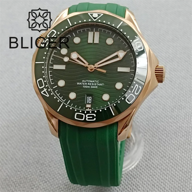 BLIGER Luxury 41mm Men Watch Rose gold Case Ceramic Sapphire Glass Green Dial Green Date At 6 o\'clock NH35 Movement Rubber Strap