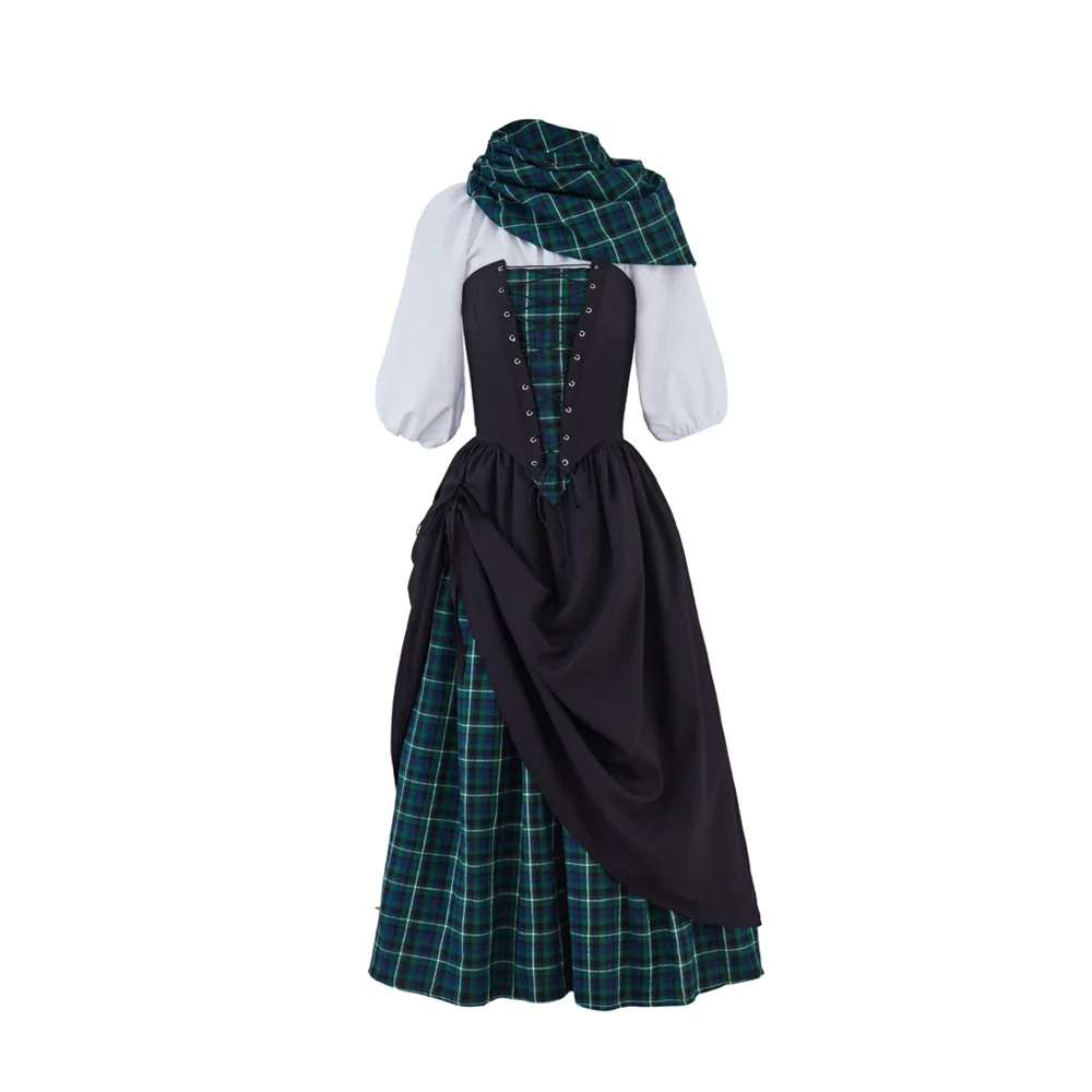 Women's Highland Scotland Costume 18th Century Victorian Rococo Plaid Ball Gown Halloween Carnival Outlander Claire Fraser Dress