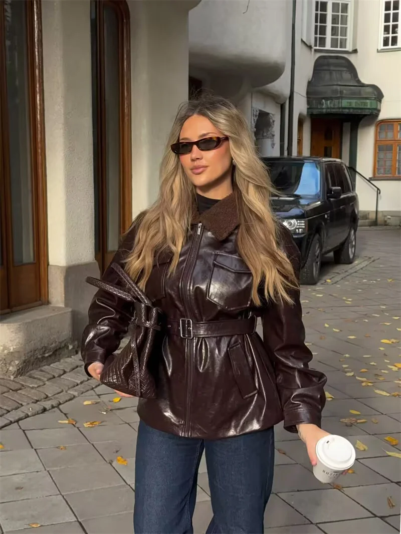 Women's Jacket 2025 Autumn New Style Reddish-Brown Long-Sleeve Jacket with Faux Fur Collar and Leather-Like Effect Casual