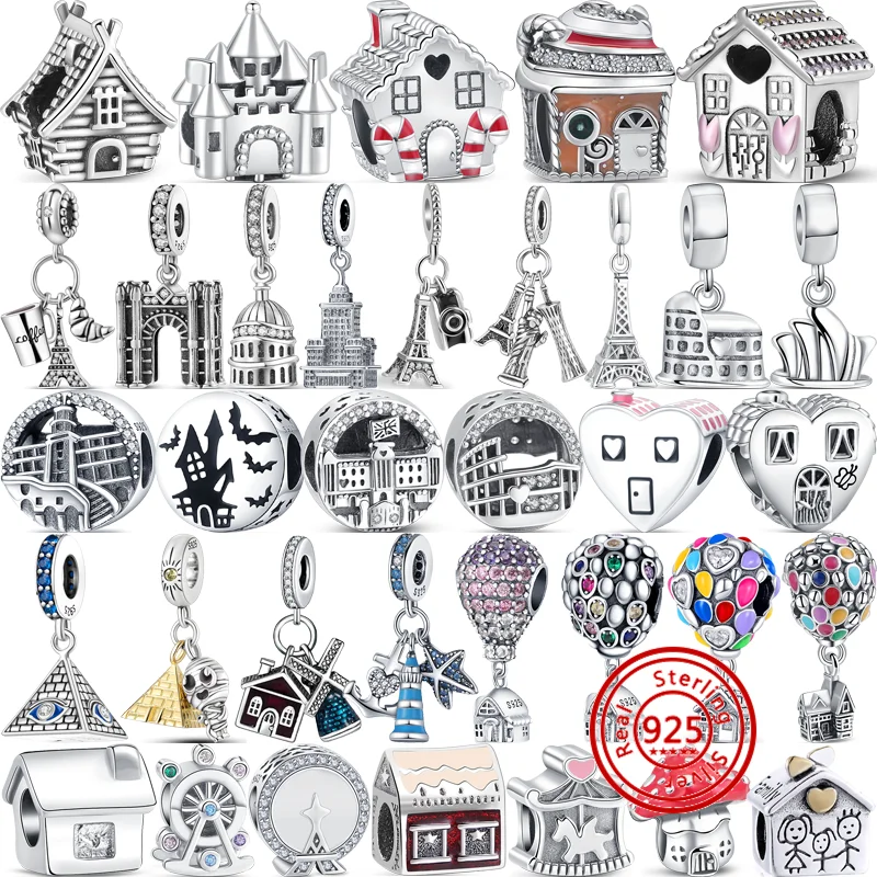 

925 Sterling Silver Castle Tower House Pyramid Ferris Wheel Lighthouse Building Dangle Beads Fit Original Pandora Charm Bracelet