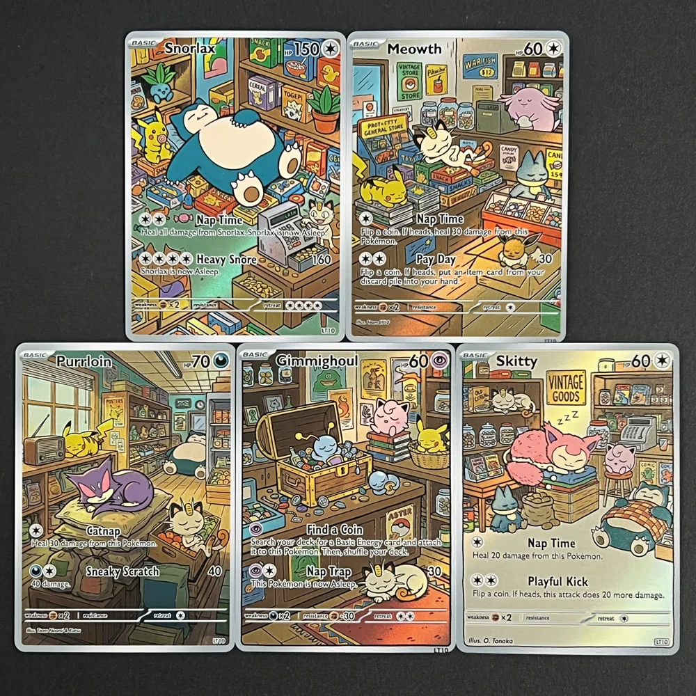 5-cartas-holo-pokemon-estilo-ptcg-snorlax-meowth-purriloin-gimmighoul-skitty--presente-de-arte-pokemon-cartao-flash-pokemon