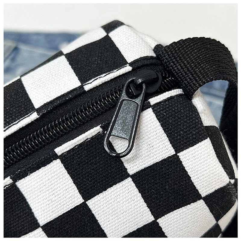 Checkerboard Canvas Bolsa Zipper Design Tendência Messenger Bag Alça de Ombro Ajustável Bolsa Estilo Americano Mochila