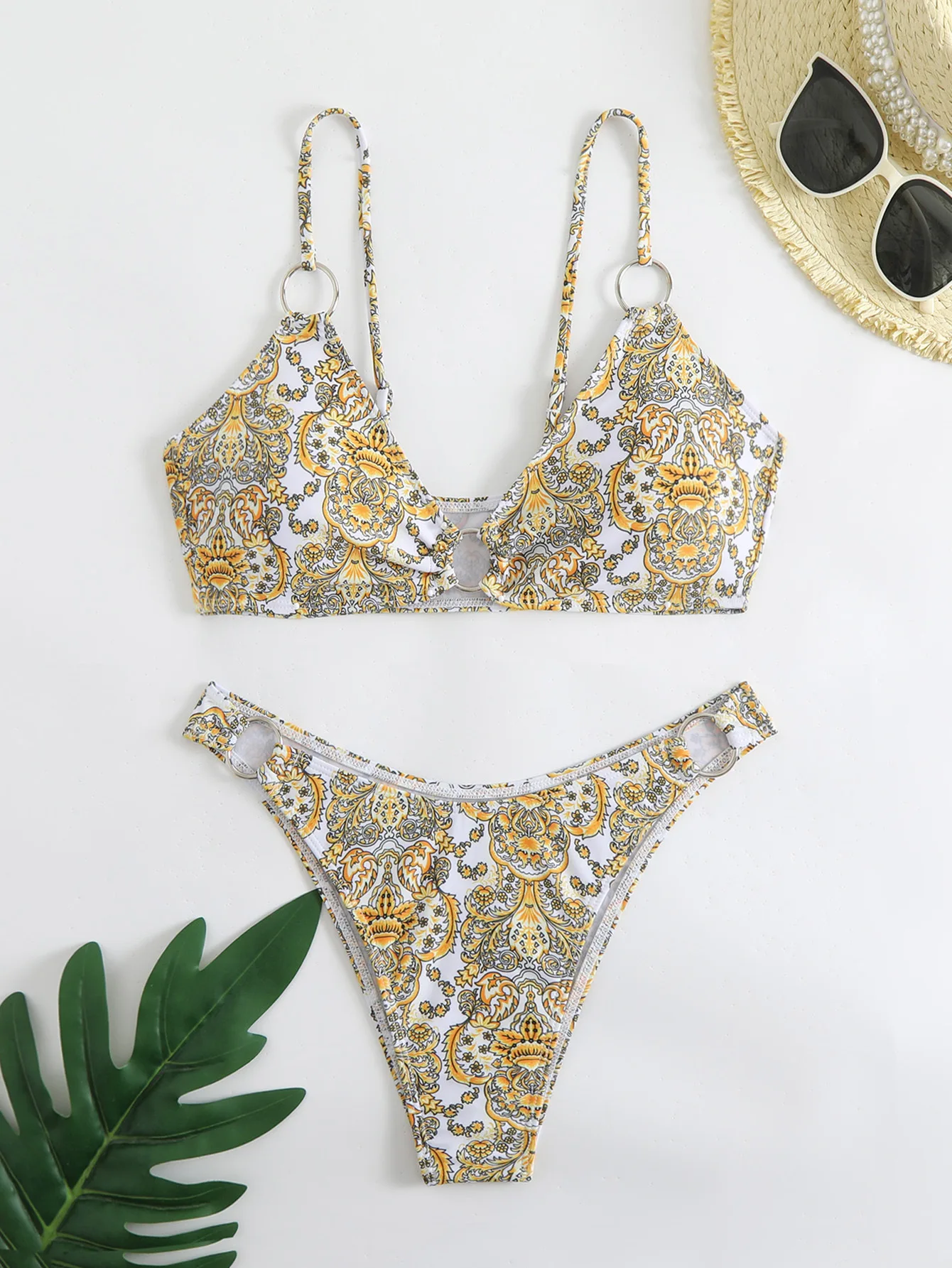 bikini sexy con stampa vintage set due pezzi anello in metallo costume da bagno a vita alta Costumi da bagno conjunto de bikini tankini beachwear biquini