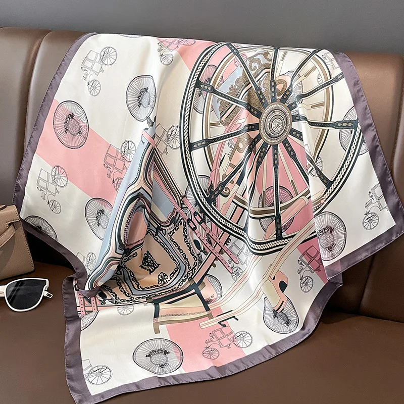 Spring/Summer Outdoor Leisure Wraps 70cm Square Scarf Imitation Silk Hijab Women’s Carriage Print Shawl Breathable Neckerchief