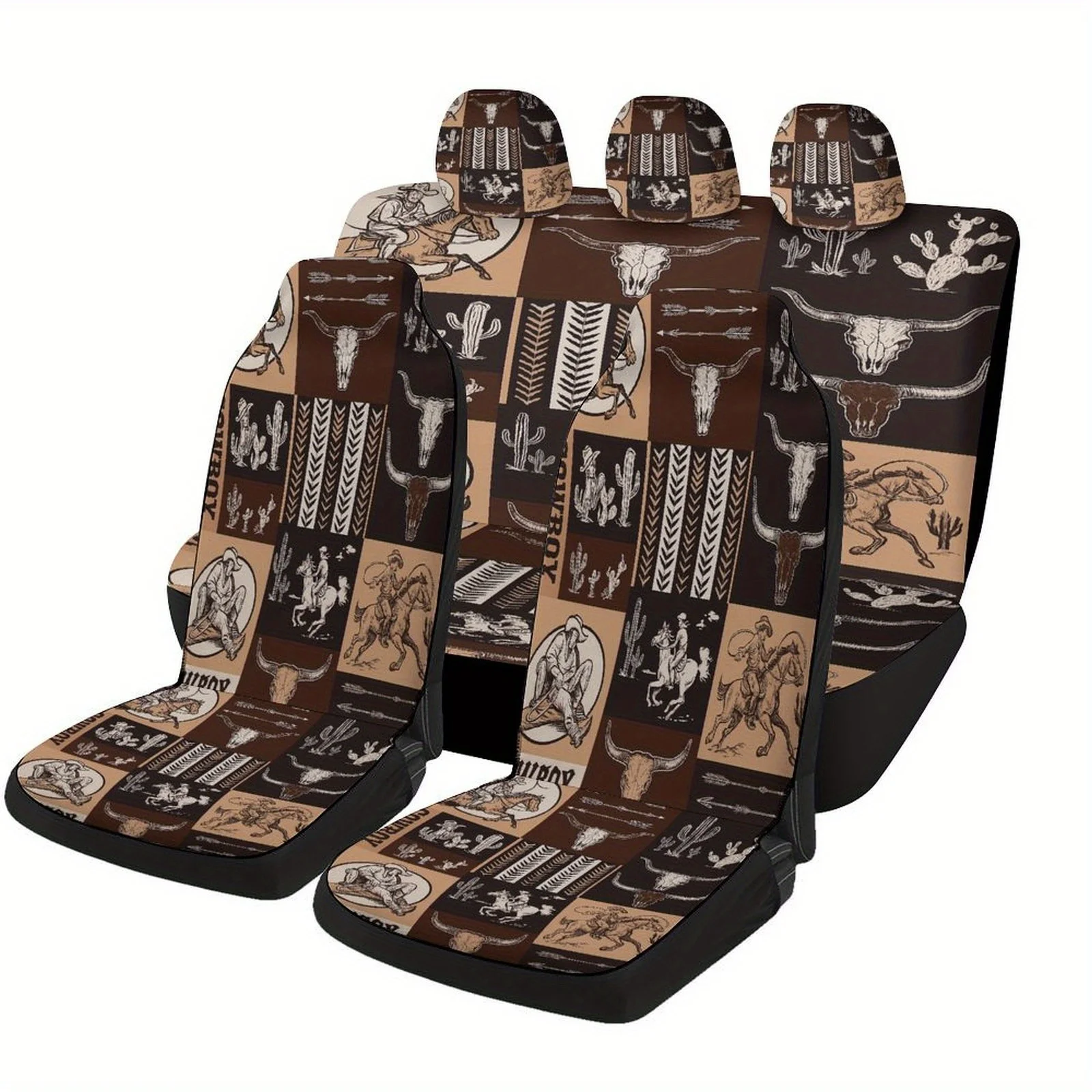 Set Of Car Seat Covers Featuring Cowboy Designs, Suitable For A Variety Of Vehicles. These Stylish And Unique Decorative Covers