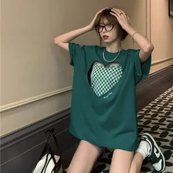 2025 Heart Hollowed Out Top Women New Loose Printed Plaid Korean Solid O-neck Oversized T-Shirt Halter T-shirt Two-piece Set