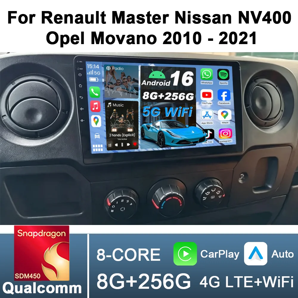 2Din 10inch CarPlay Android Auto Car Radio for Renault Master Nissan NV400 Opel Movano 2010 - 2021 Multimedia Navigation GPS RDS