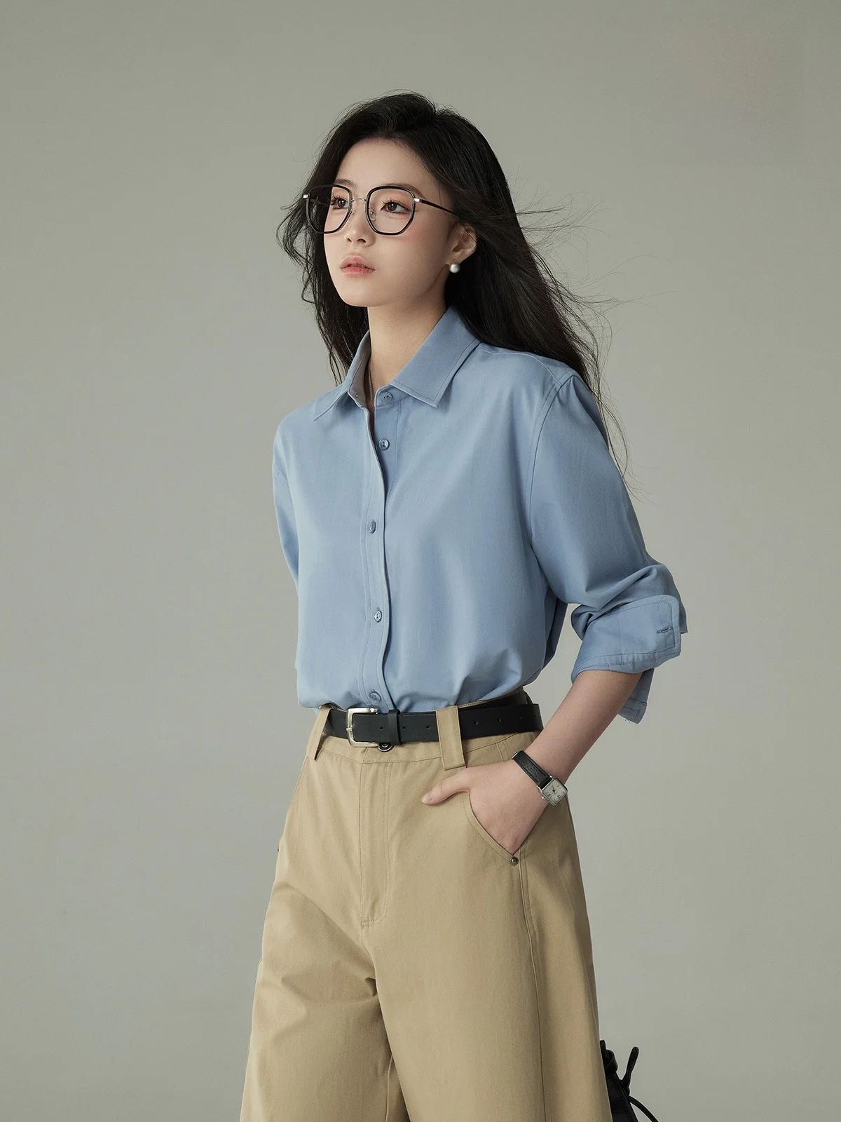 

Yakejia Mist Blue Long Sleeve Shirt Women's Spring Autumn Classic Professional Commute Design Slimming Layering Blouse