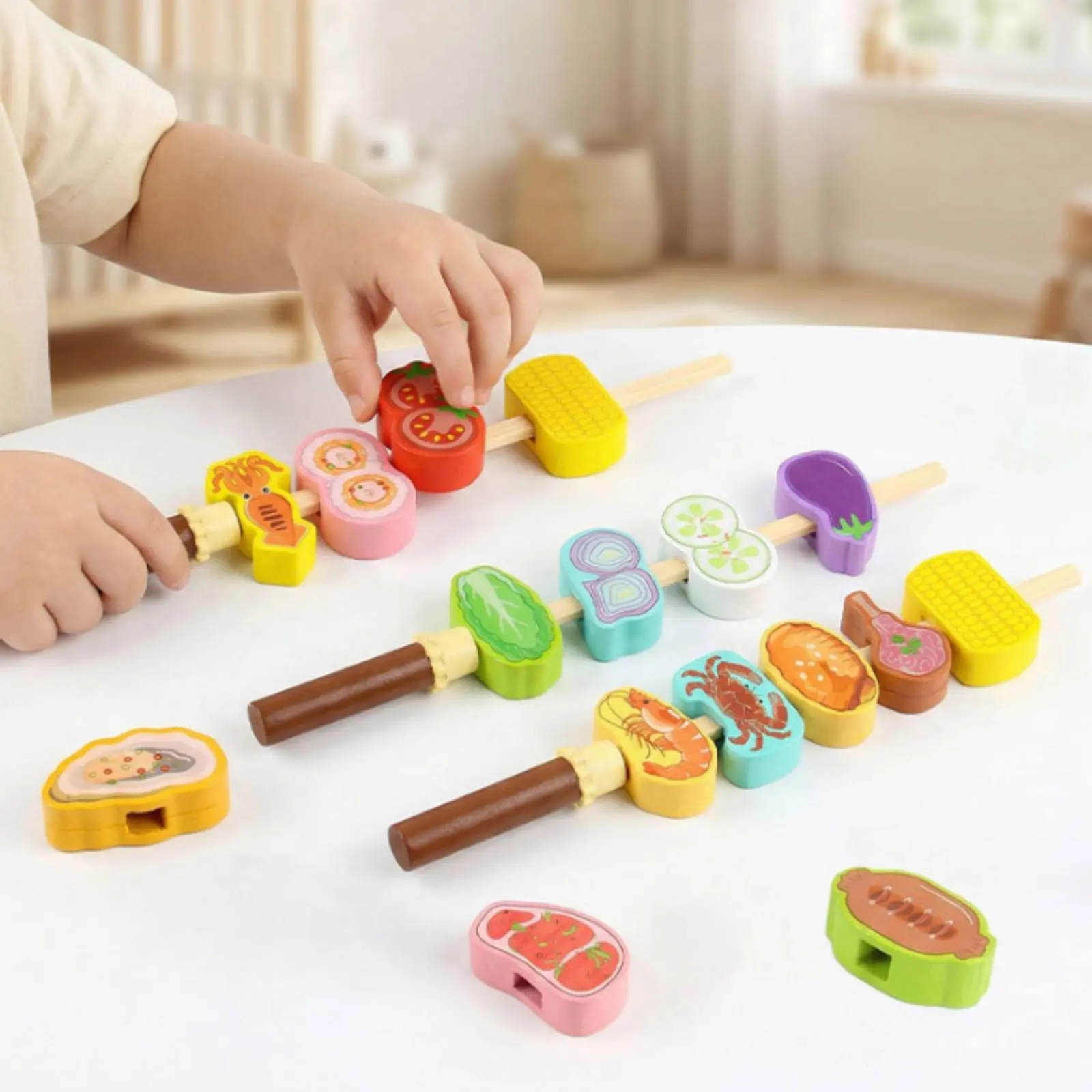 

Wooden Barbecue Playset Fine Movement Skills Toy Barbecue Grill Wooden Grill Toy Educational Polished Edges for Home