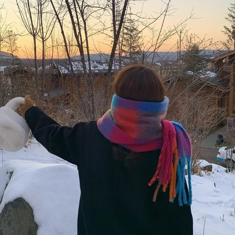 قوس قزح اللون مطابقة منقوشة وشاح تطول وسميكة فتاة الدافئة وشاح للرقبة الشتاء متعدد الألوان الموهير شال الزخرفية