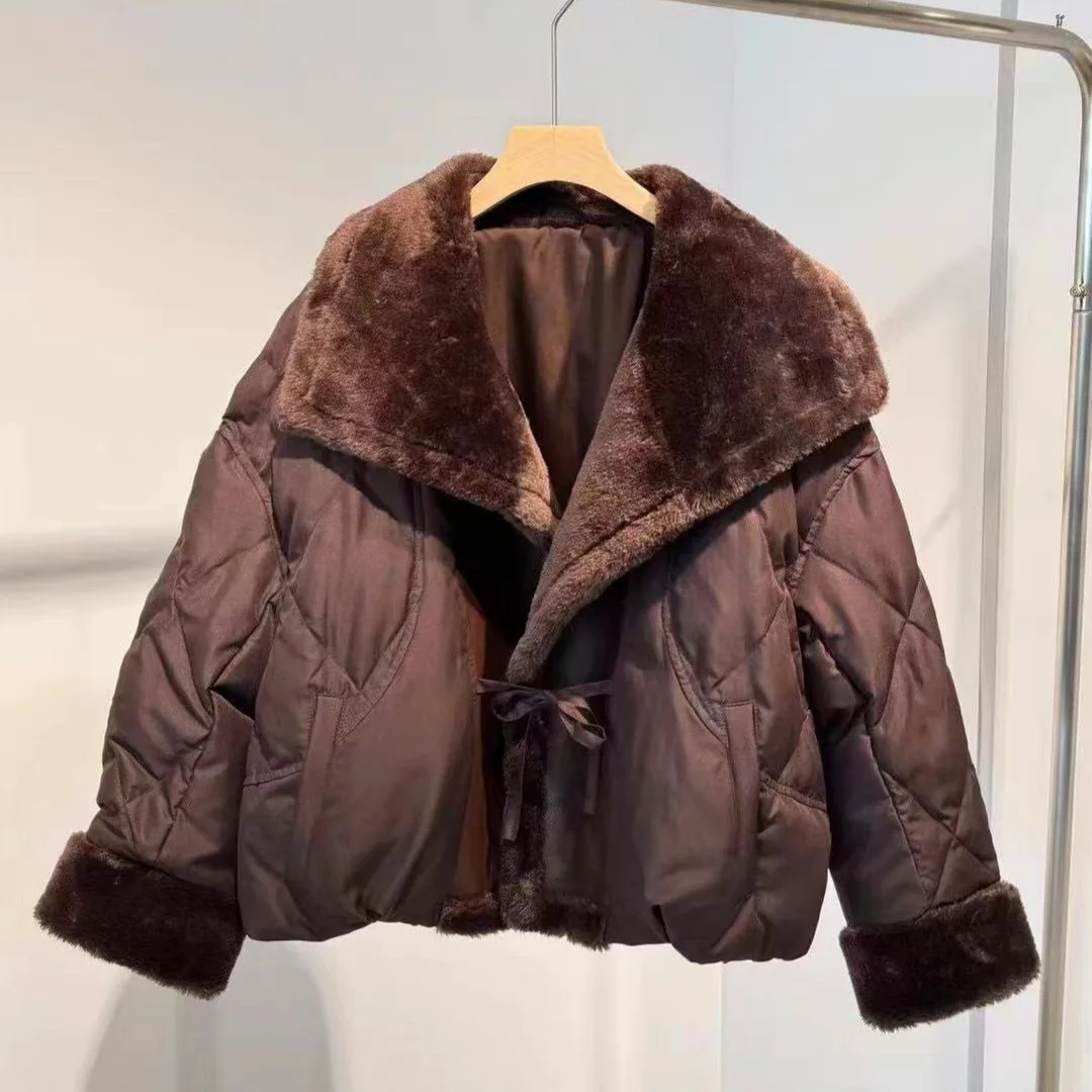 2026 Winter Women's Down Jacket Loose Splicing Lamb Wool Fur Integrated Jacket