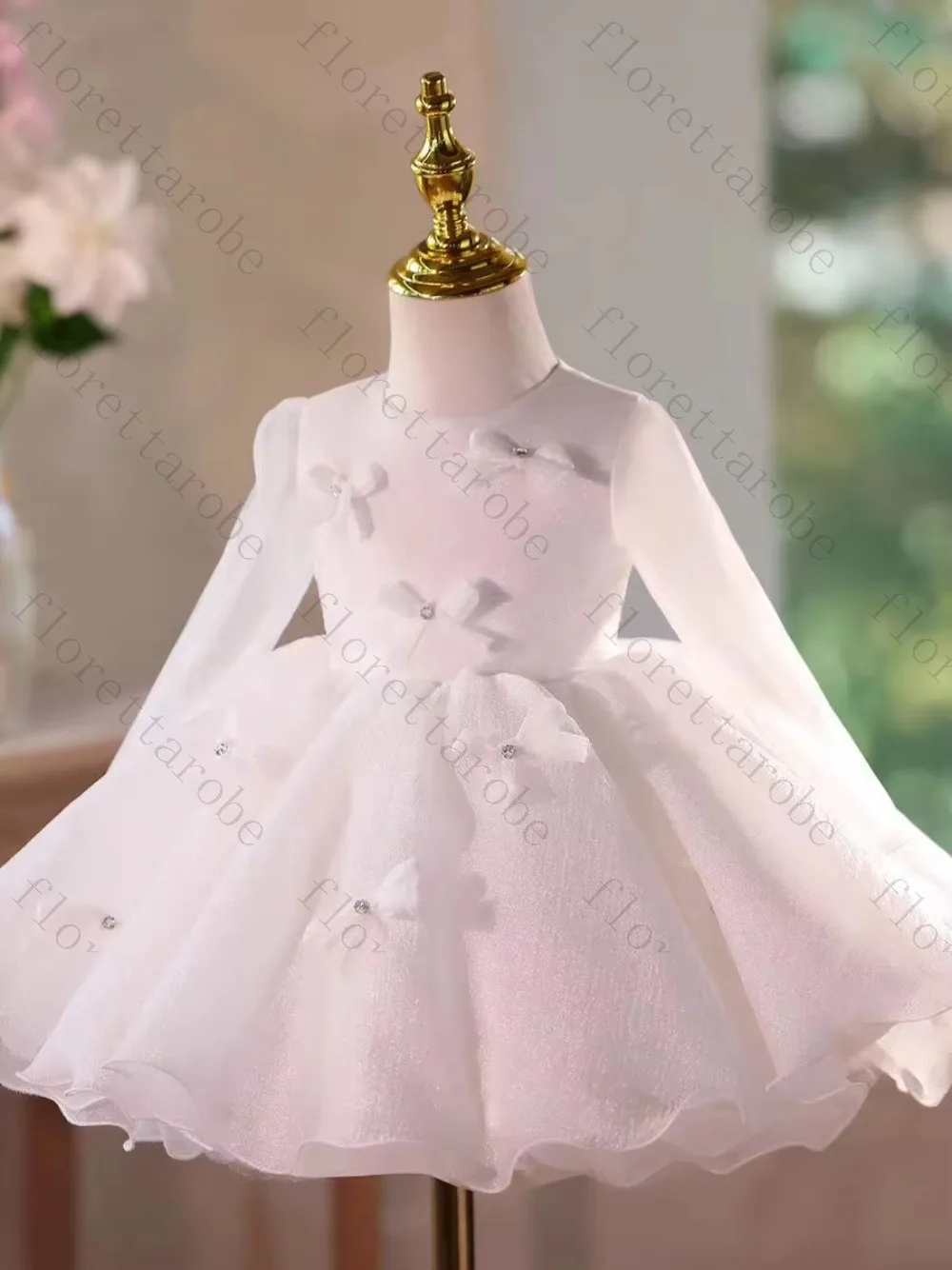 Customized White Flower Girl Dress A Line Short Round Neck Long Sleeve Organza Bow Rhinestone Wedding Kids Party Princess Gown