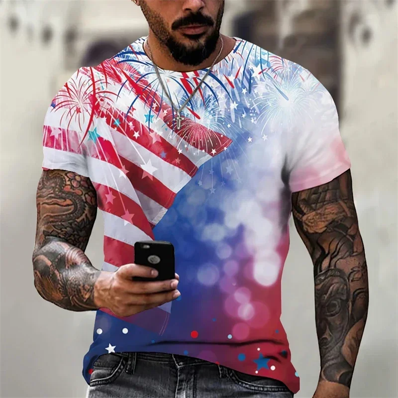 Summer American Oversized Y2k Tops Streetwear 3D Print T-shirt for Men Fashion Casual Harajuku USA Flag T Shirts Male Clothing